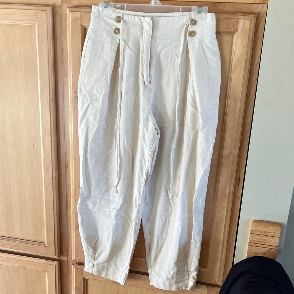 Zara Cream High-Waist Pleated Linen Pants
